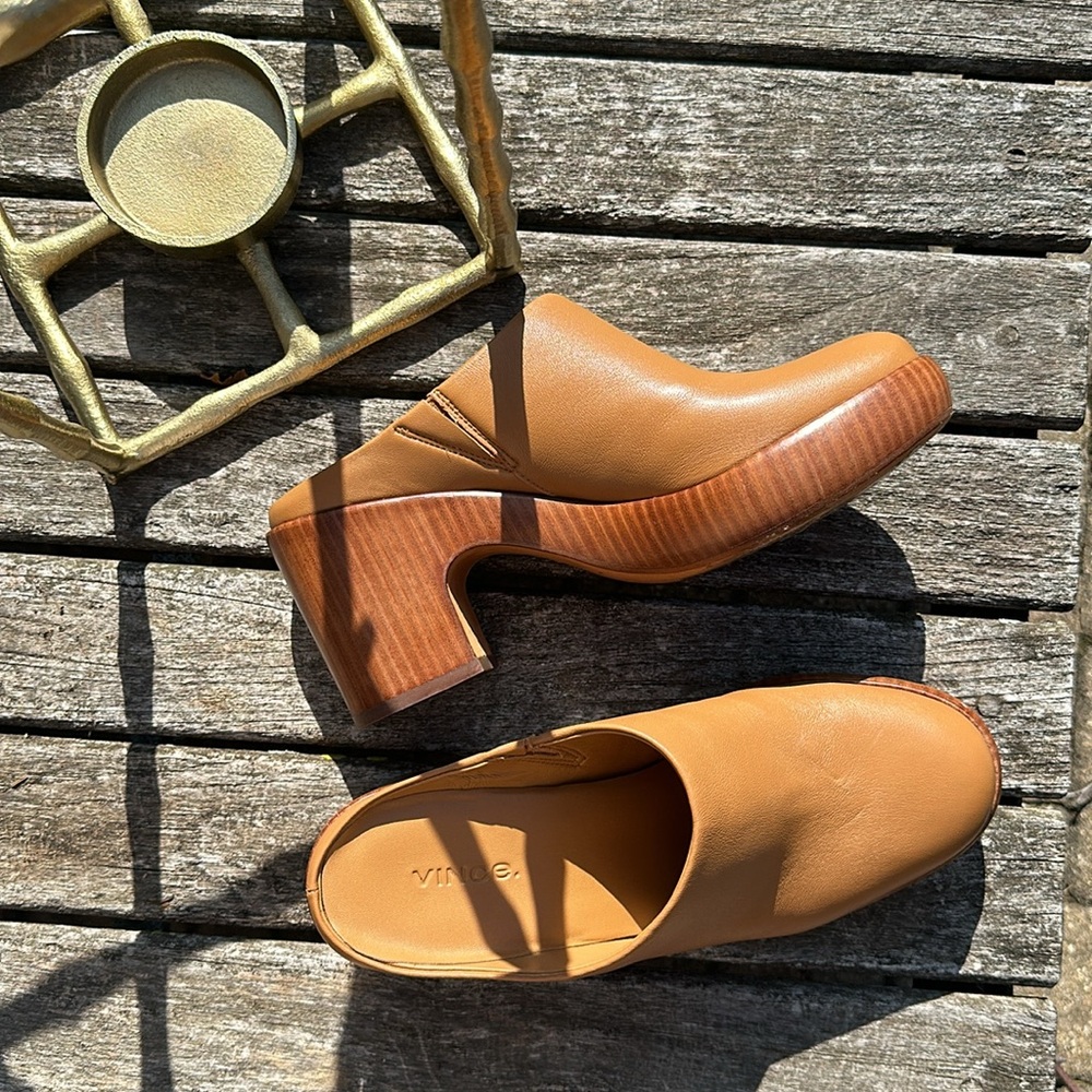 VINCE worn once or twice leather mules in tan size 8M